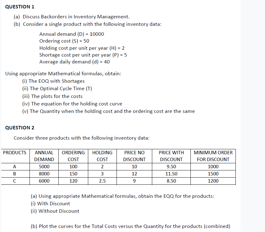 QUESTION 1 (a) Discuss Backorders in Inventory Management. (b) Consider a