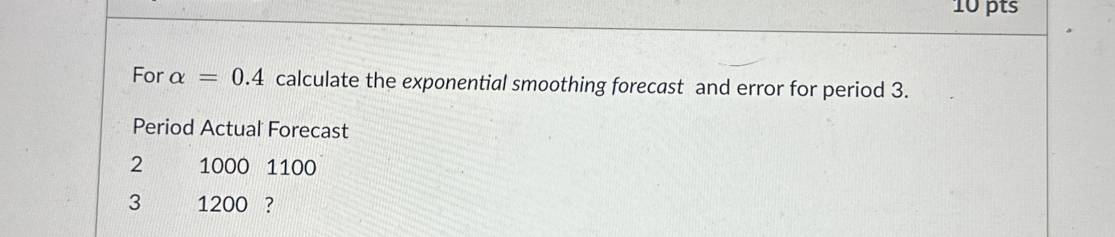  For =0.4 calculate the exponential smoothing forecast and error for period