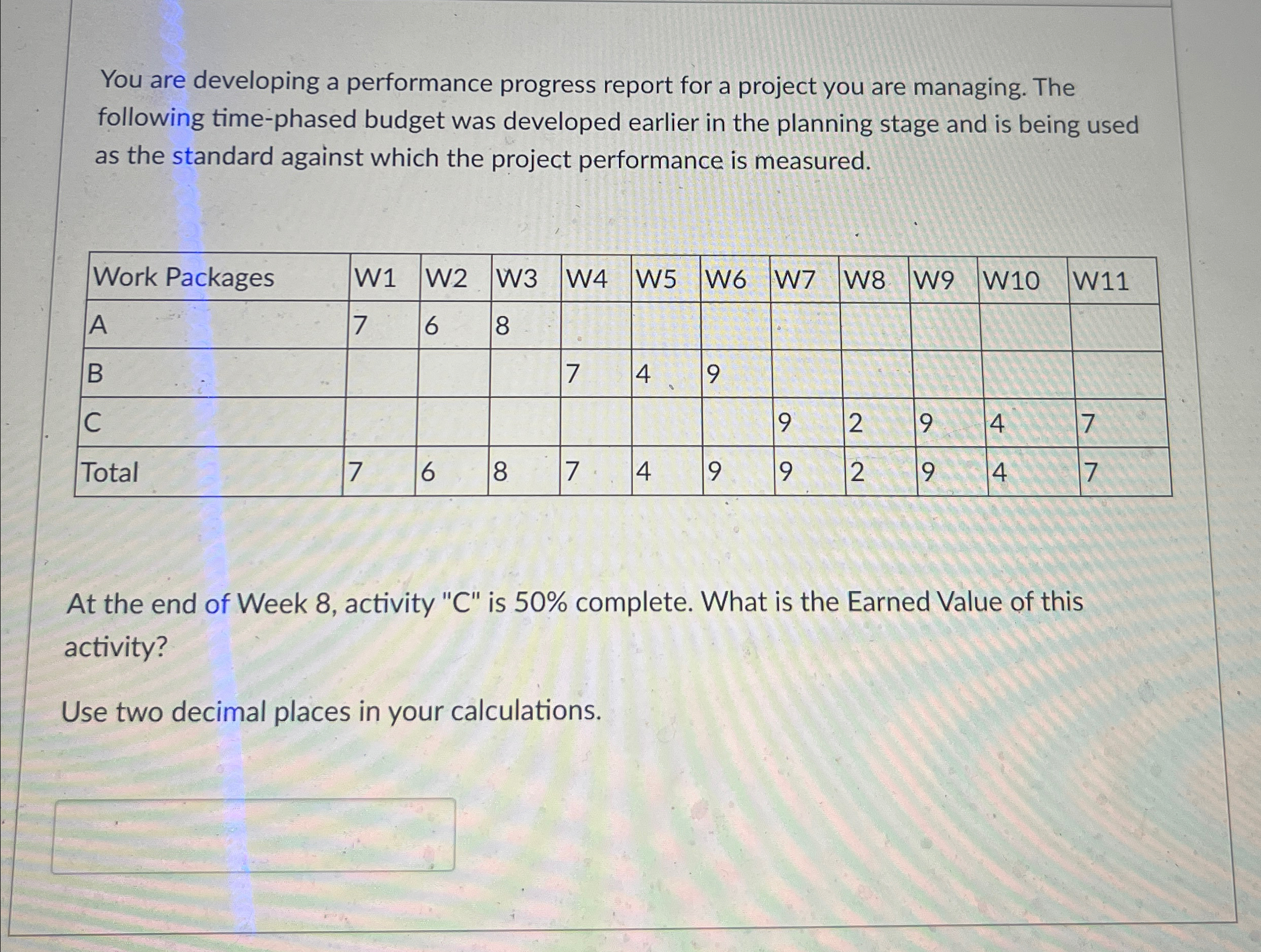 You are developing a performance progress report for a project you