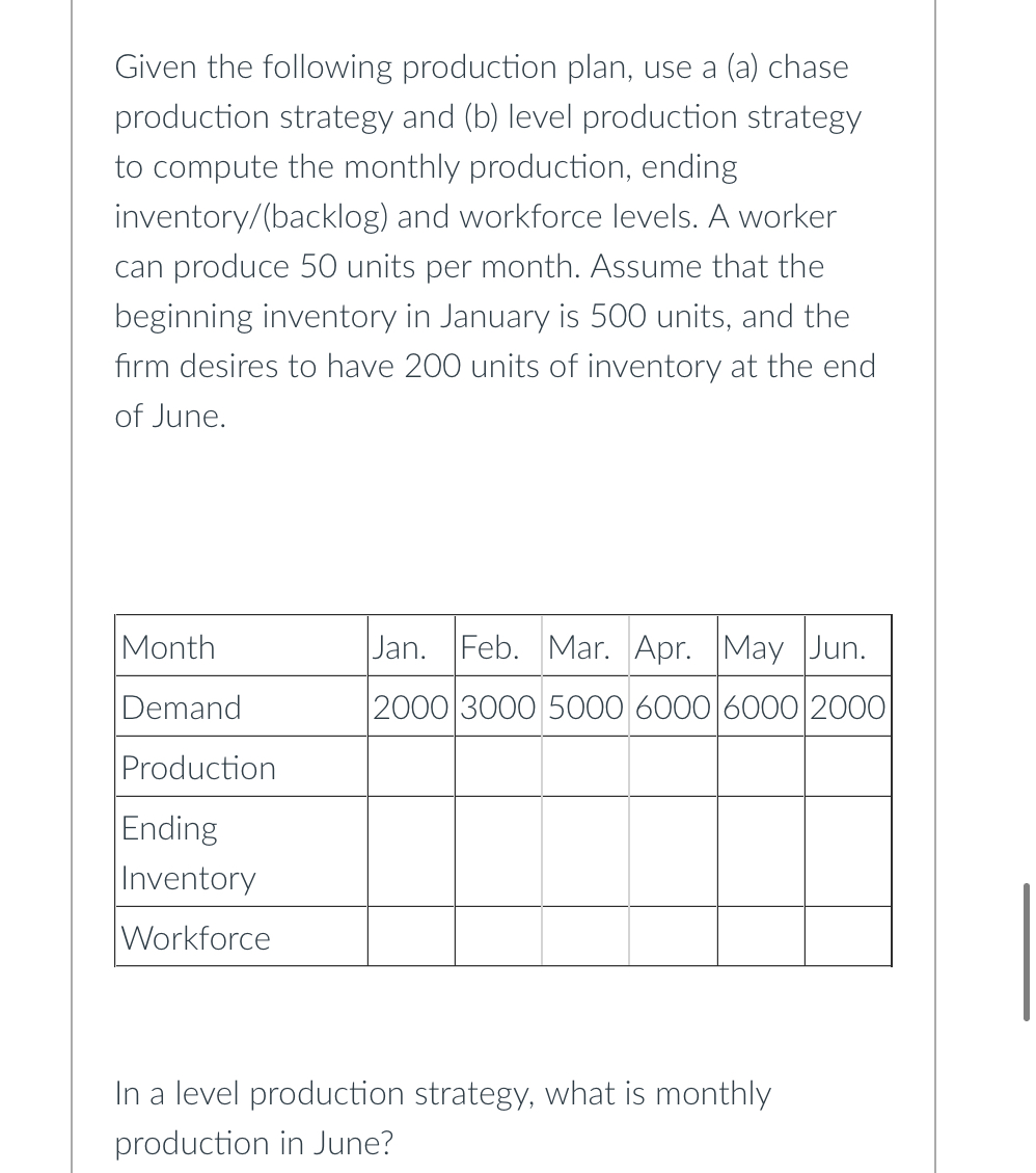  Given the following production plan, use a (a) chase production strategy