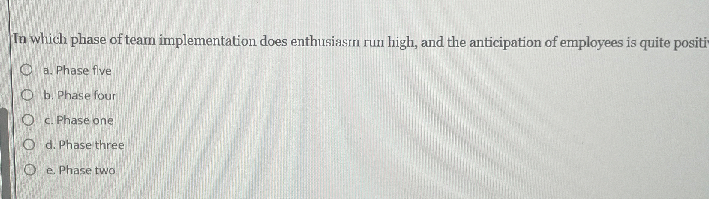  In which phase of team implementation does enthusiasm run high, and