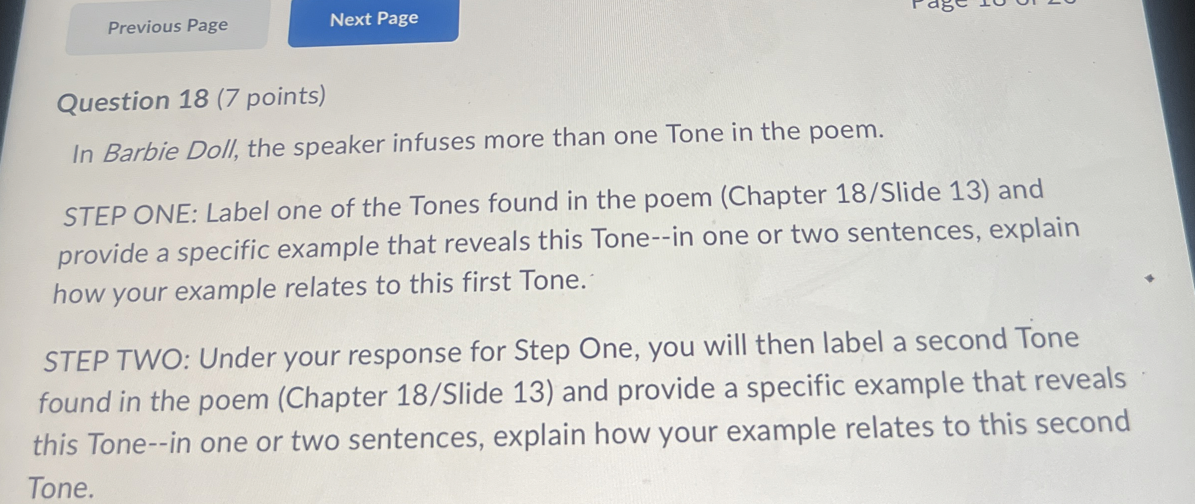  Previous Page Question 18(7 points) In Barbie Doll, the speaker infuses