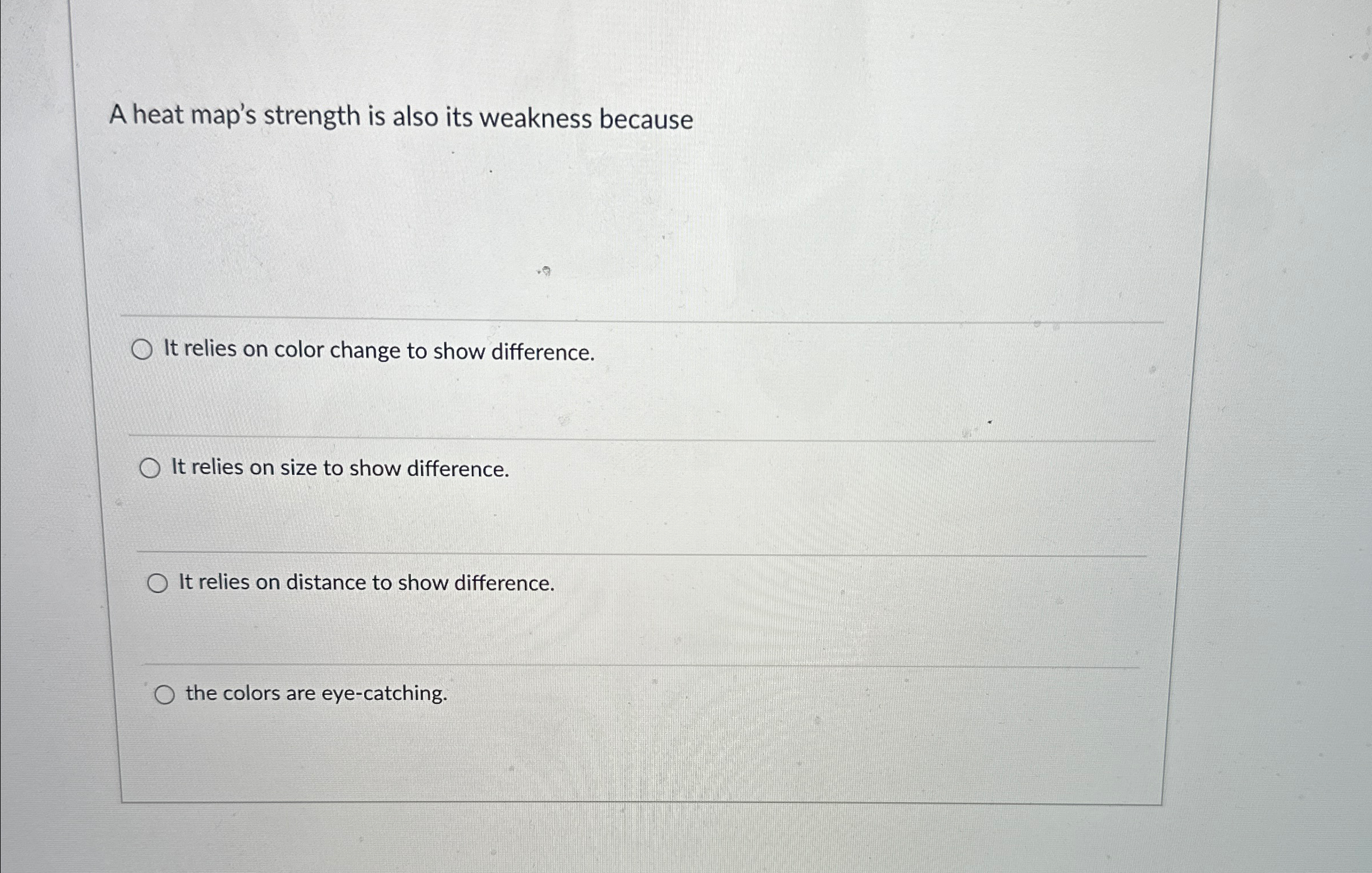  A heat map's strength is also its weakness because It relies