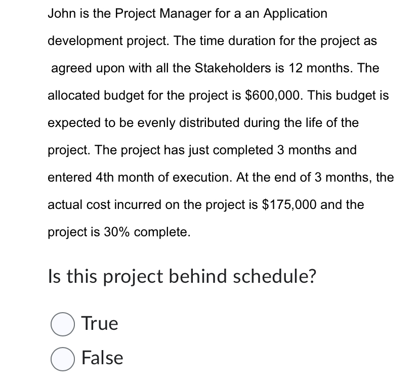  John is the Project Manager for a an Application development project.
