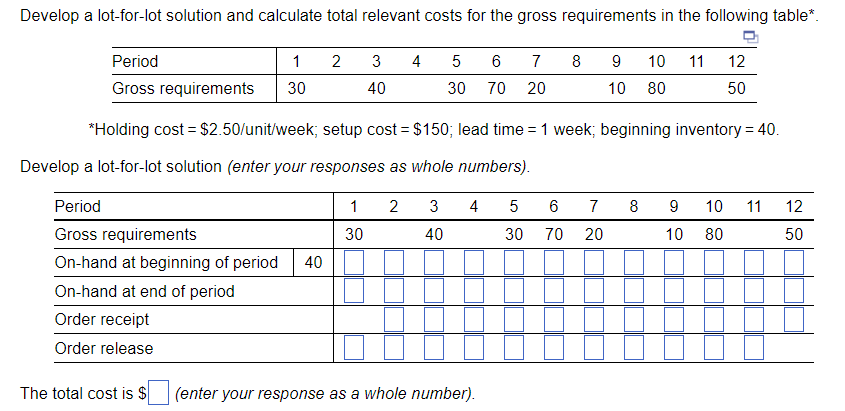  Develop a lot-for-lot solution and calculate total relevant costs for the