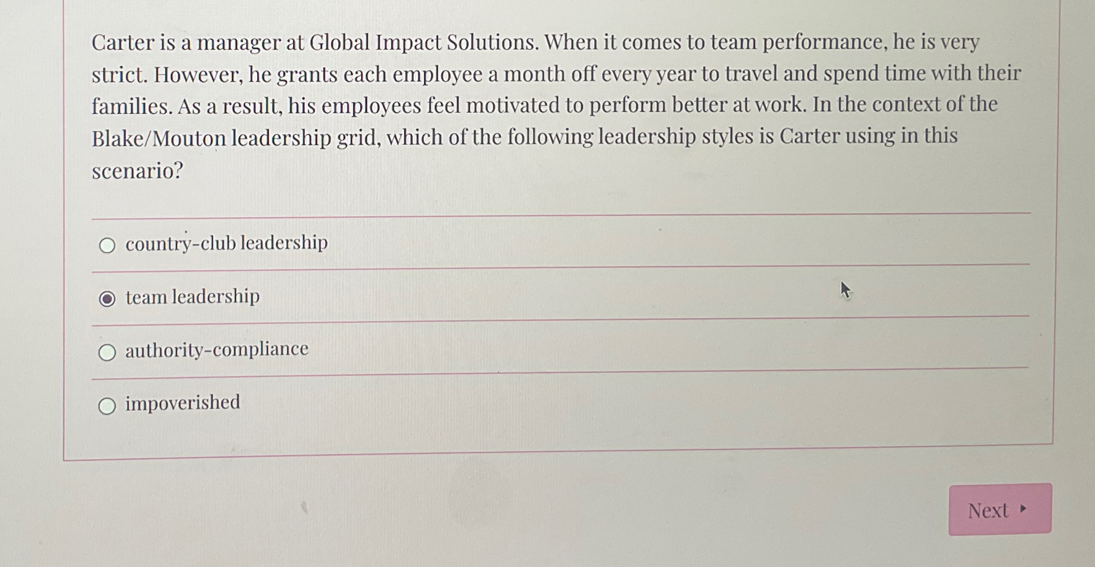  Carter is a manager at Global Impact Solutions. When it comes