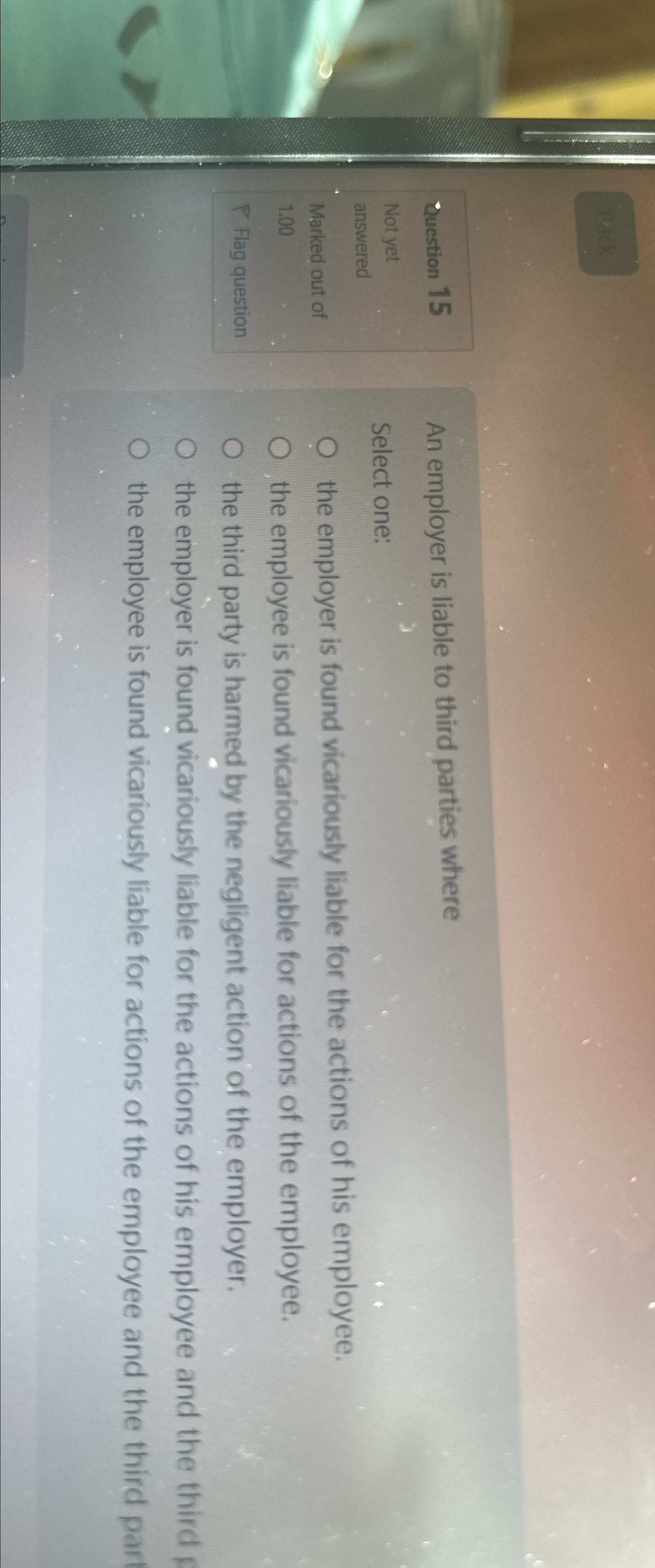  \table[[Question 15],[Not yet],[answered],[Marked out of],[1.00],[P Flag question]] An employer is liable