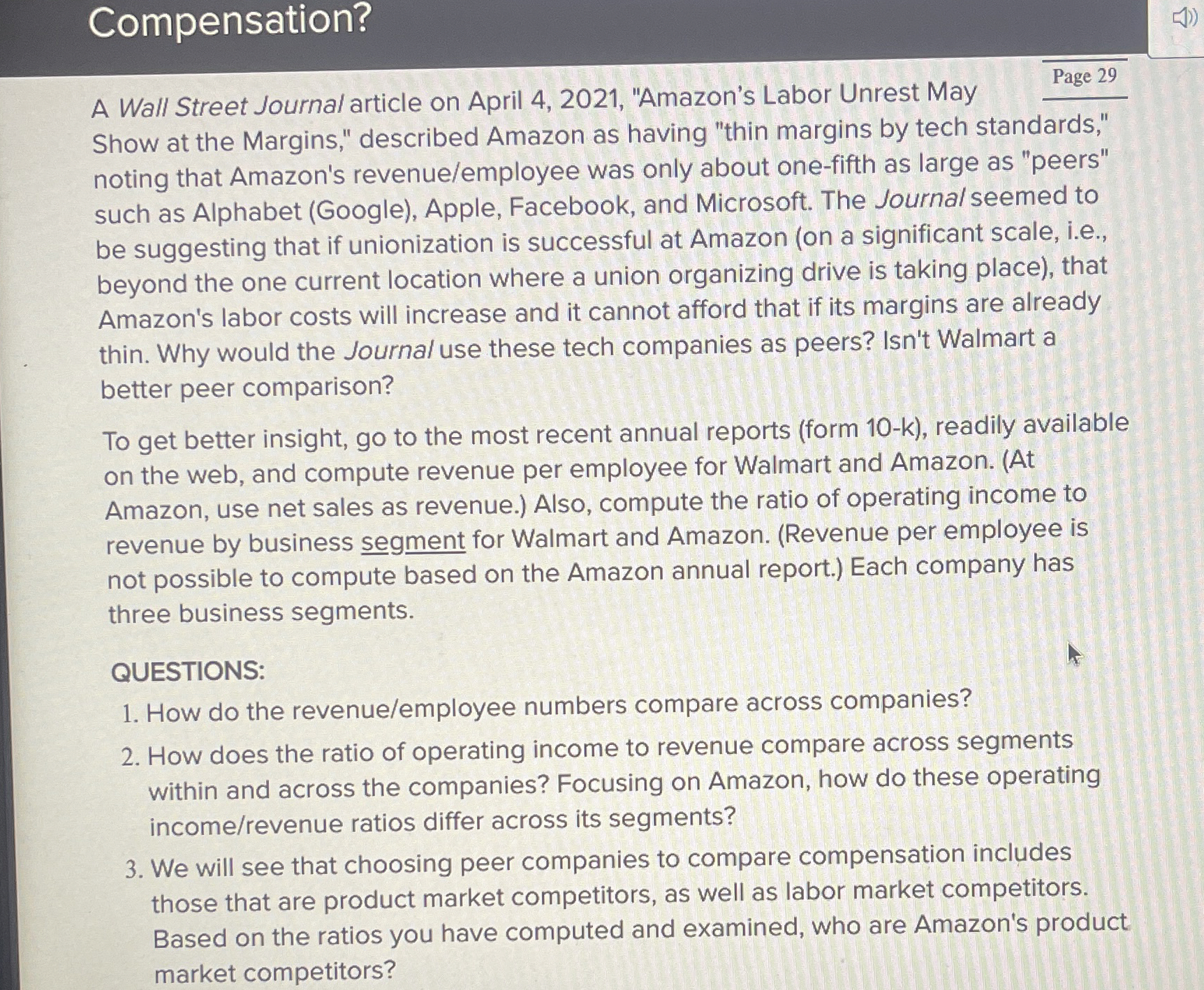  Compensation? A Wall Street Journal article on April 4,2021, "Amazon's Labor