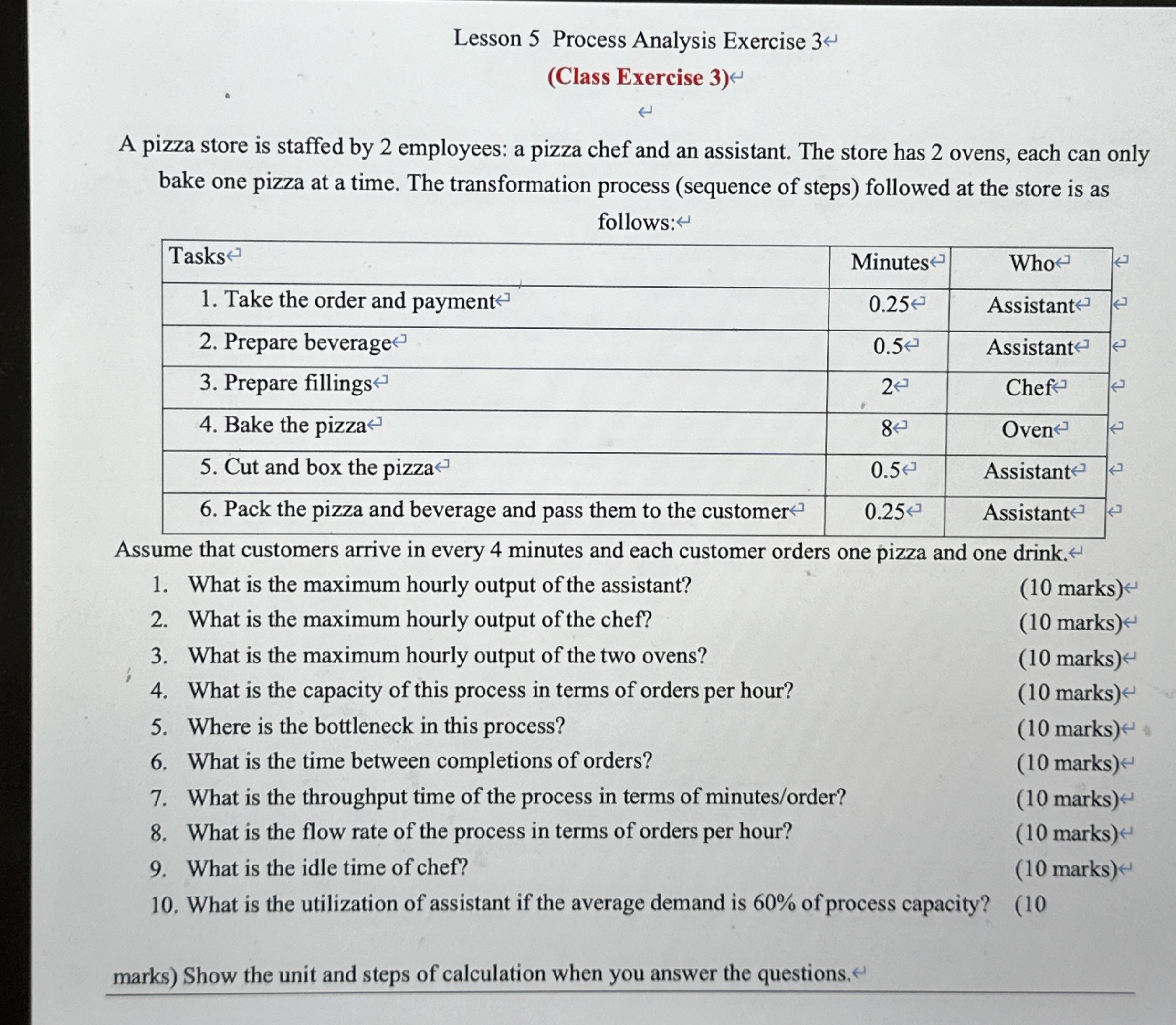  Lesson 5 Process Analysis Exercise 3 (Class Exercise 3) A pizza