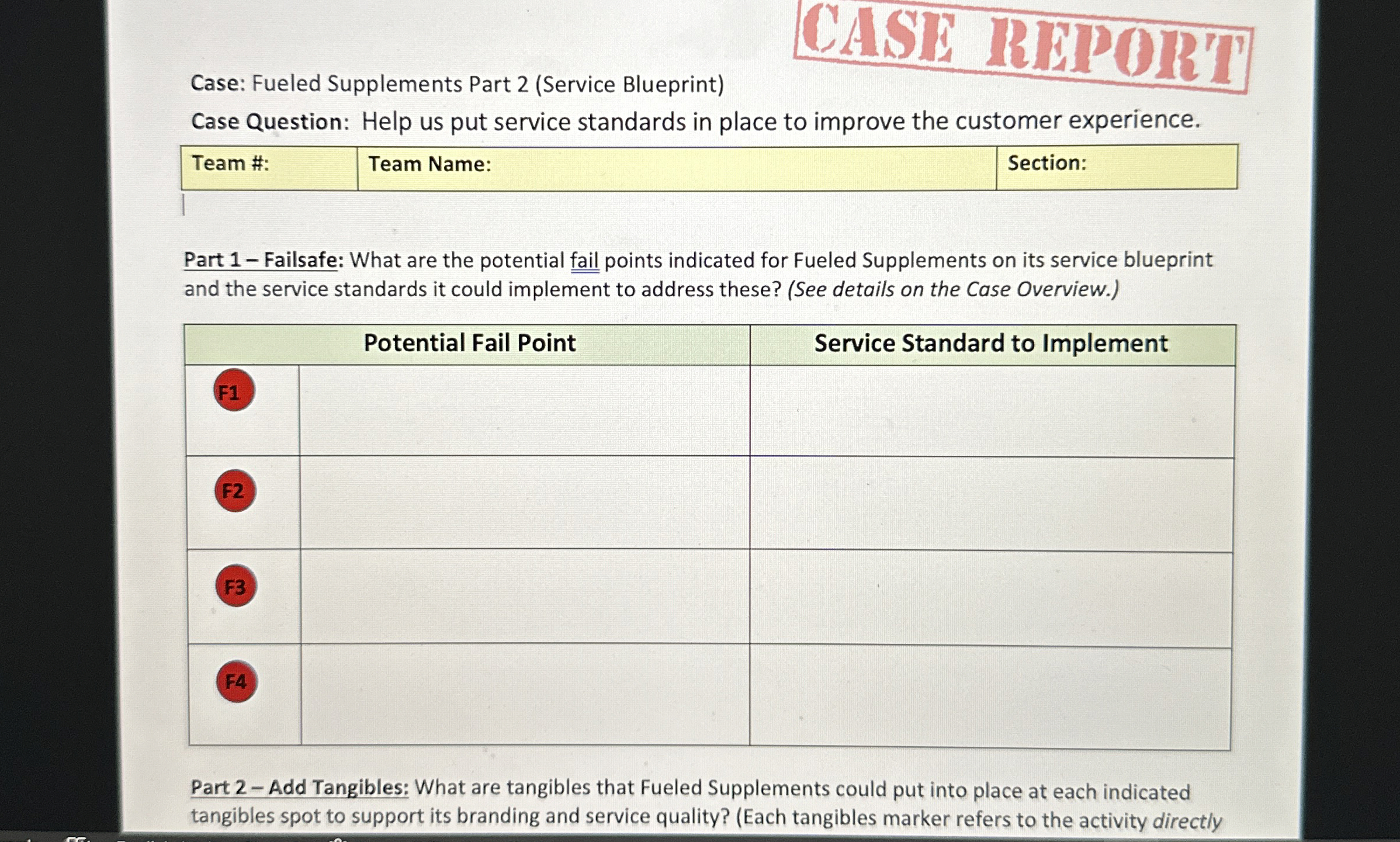  Case: Fueled Supplements Part 2(Service Blueprint) Case Question: Help us put