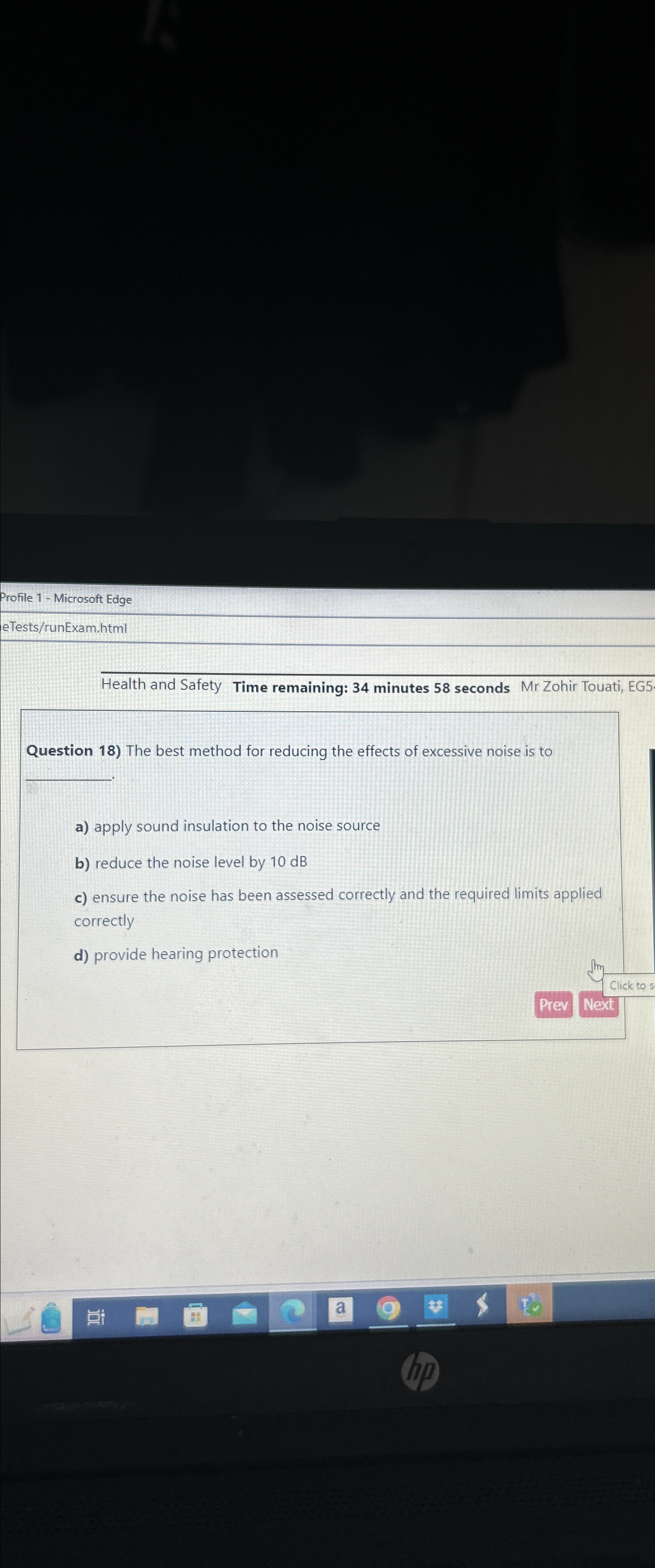  Profile 1- Microsoft Edge eTests/runExam.html Health and Safety Time remaining: 34