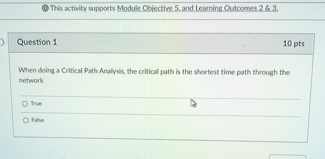  This activity supports Module Objective 5, and Learning Outcomes 2&3. Question