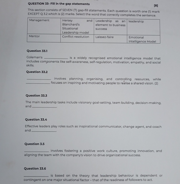  QUESTION 33- Fill in the gap statements [8] This section consists