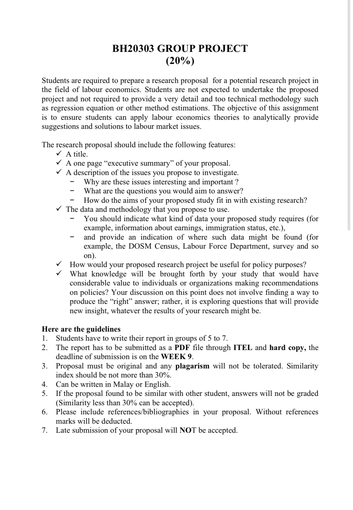  BH20303 GROUP PROJECT (20%) Students are required to prepare a research