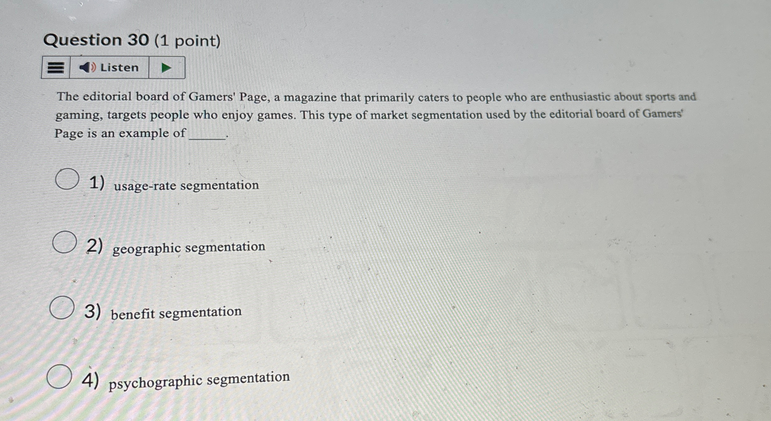  Question 30(1 point) Listen The editorial board of Gamers' Page, a