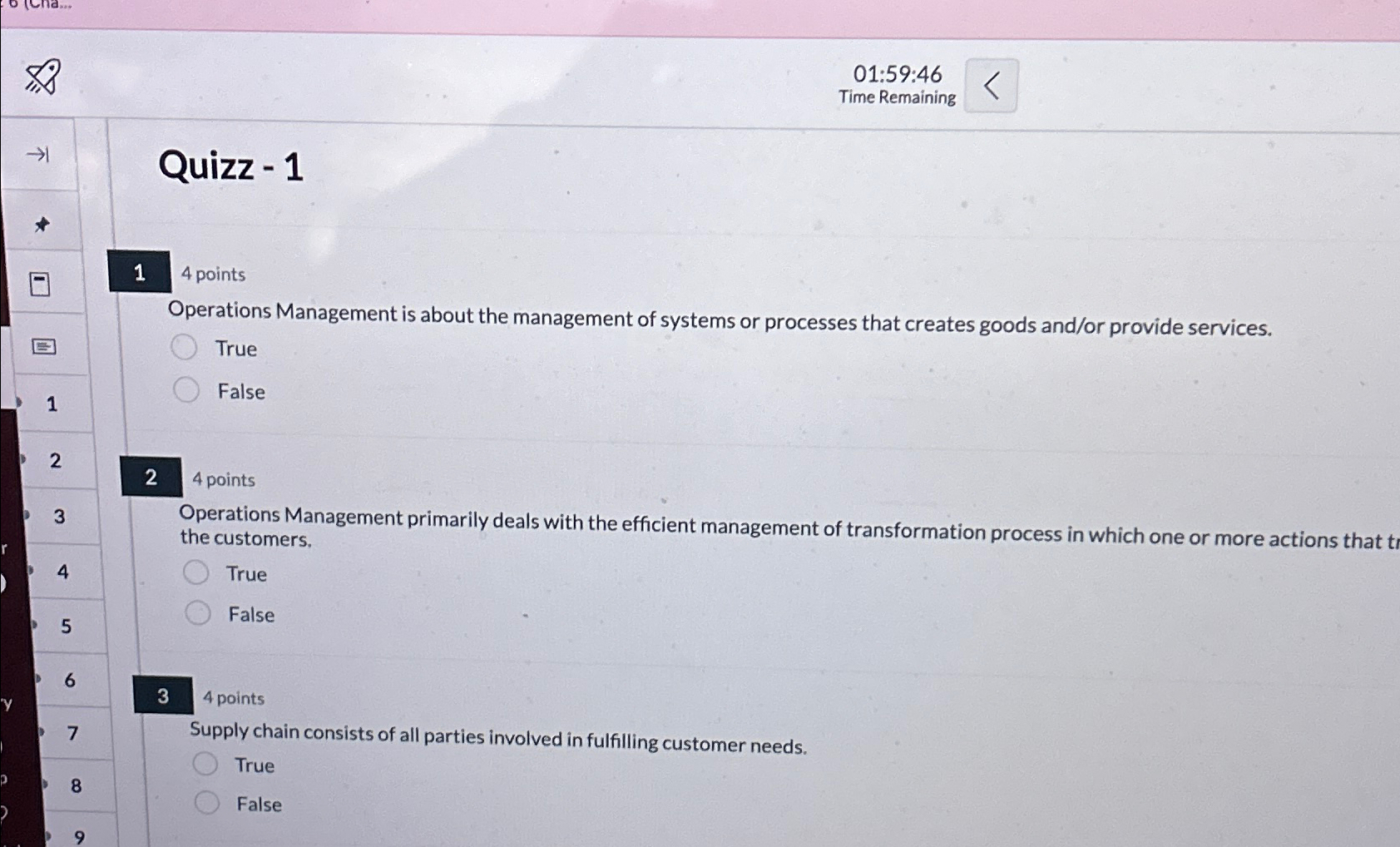 01:59:46\ Time Remaining\ Quizz - 1\ 14 points\ Operations Management is about