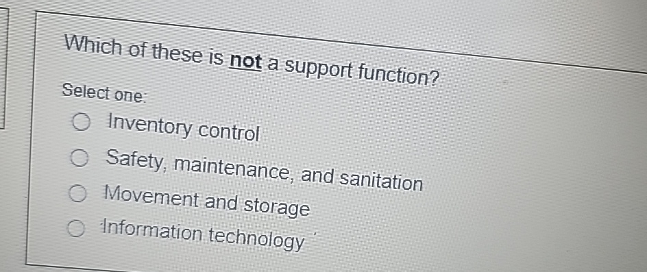  Which of these is not a support function? Select one: Inventory