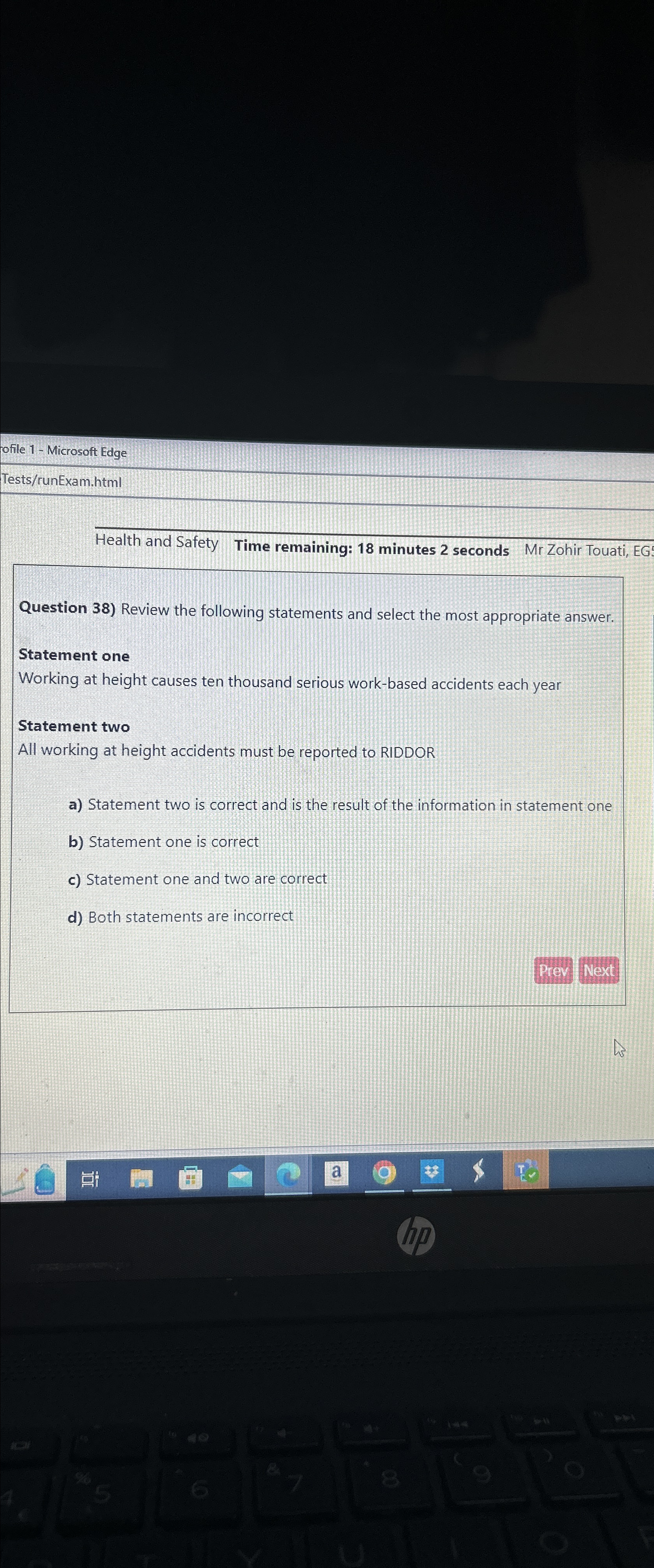  ofile 1- Microsoft Edge Tests/runExam.html Health and Safety Time remaining: 18