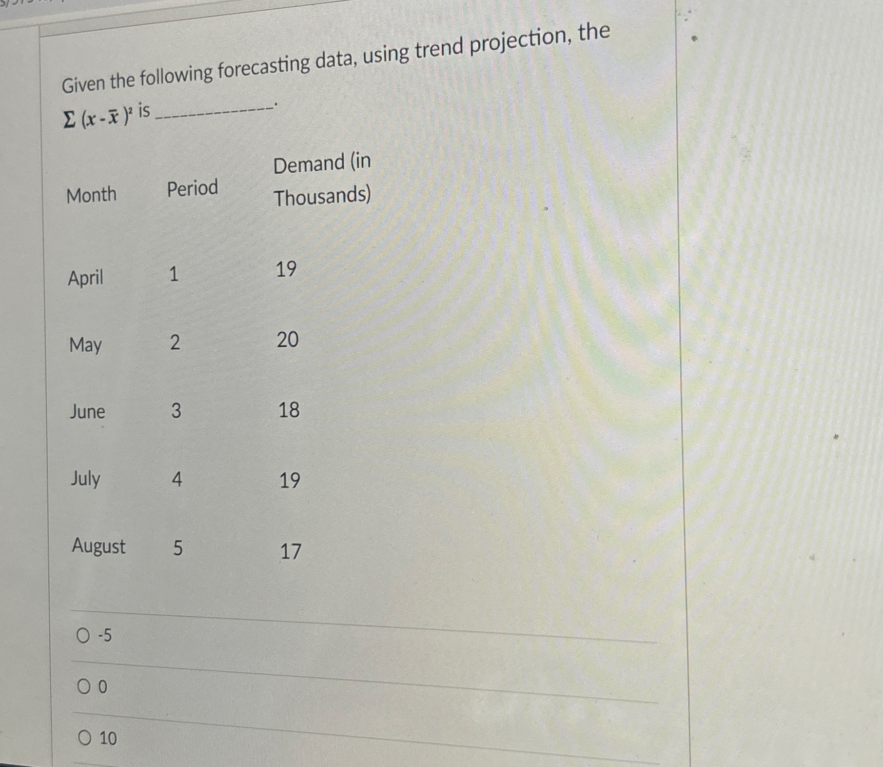  Given the following forecasting data, using trend projection, the (x-x)2 is