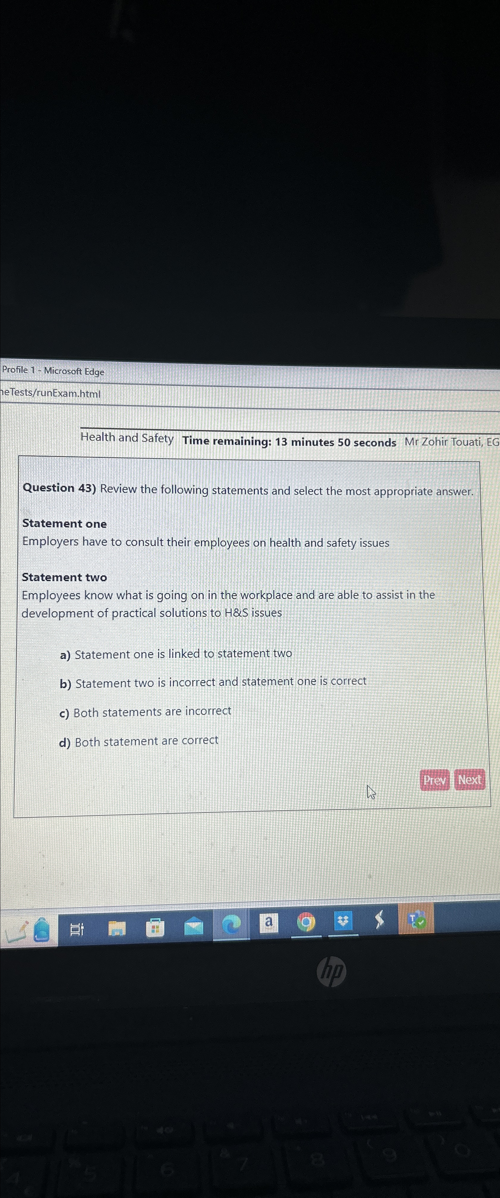  Profile 1- Microsoft Edge ieTests/runExam.html Health and Safety Time remaining: 13