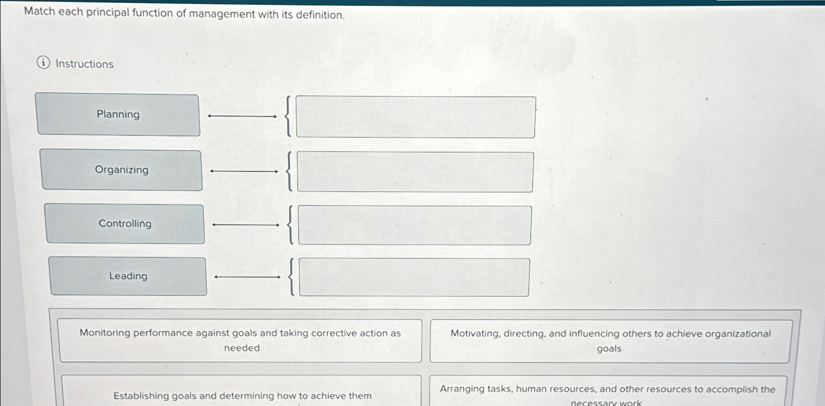  Match each principal function of management with its definition. (i) Instructions