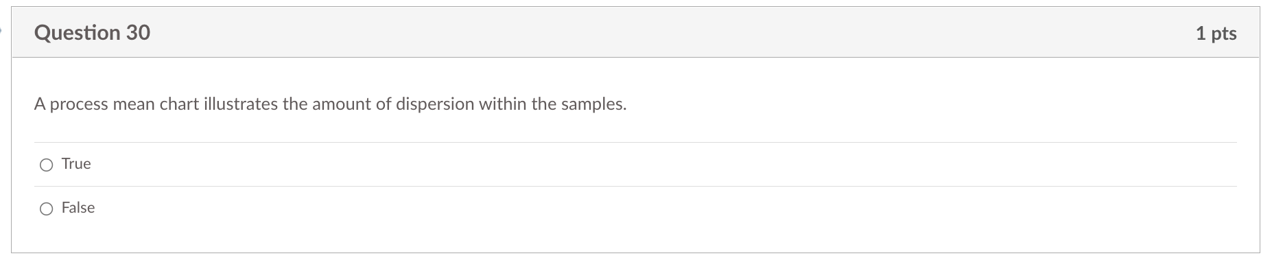  Question 30 A process mean chart illustrates the amount of dispersion