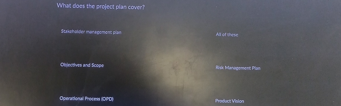  What does the project plan cover? Stakeholder management plan All of