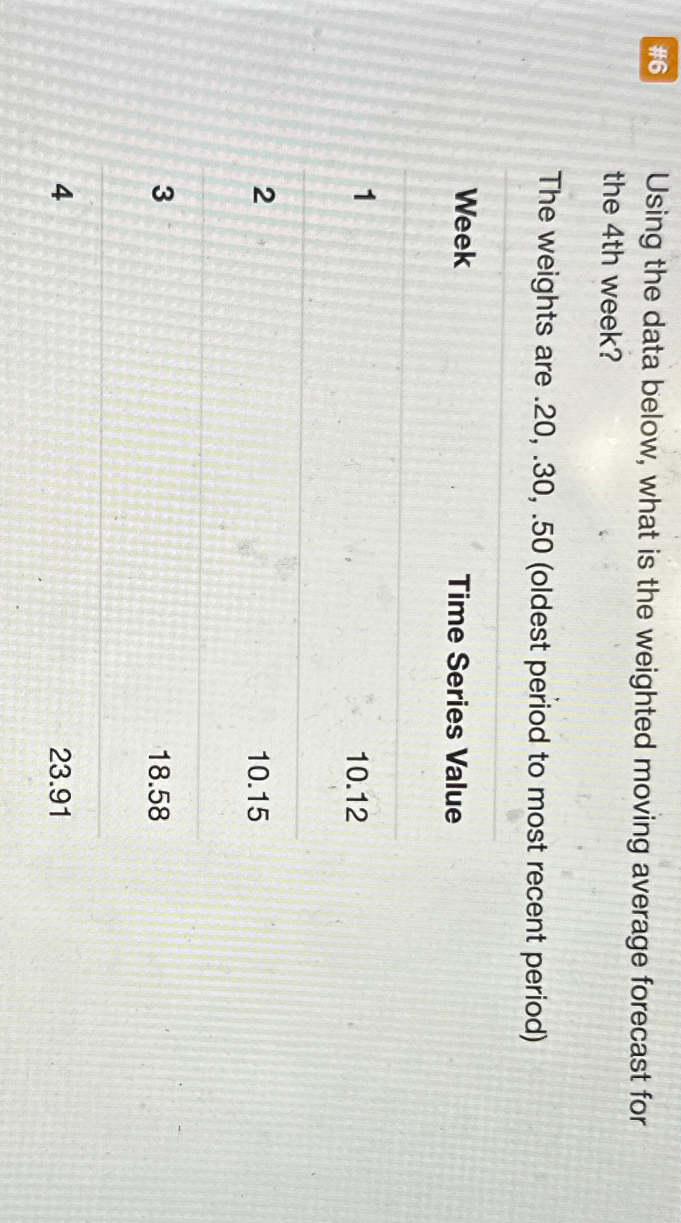  Using the data below, what is the weighted moving average forecast