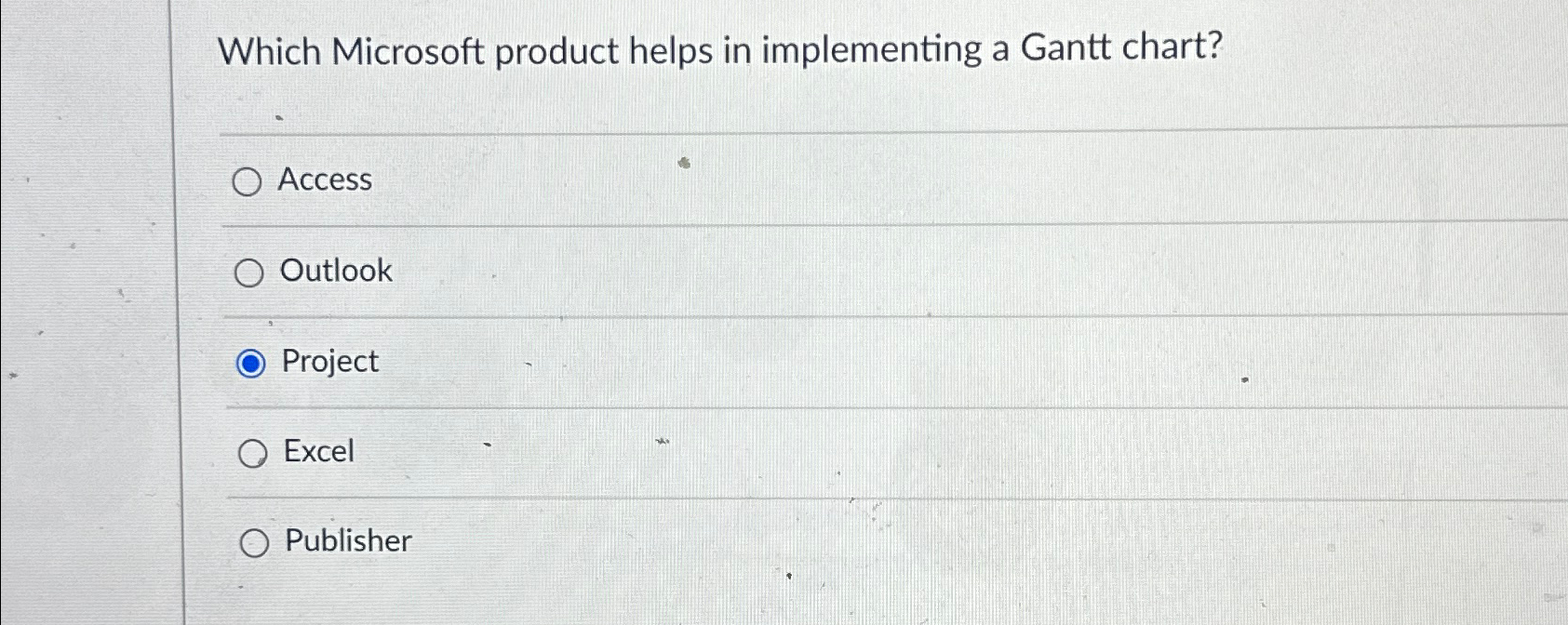  Which Microsoft product helps in implementing a Gantt chart? Access Outlook