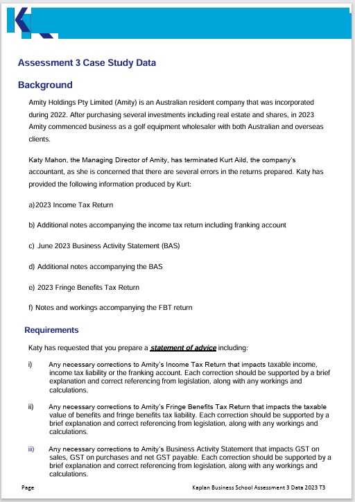 K Assessment 3 Case Study Data Background Amity Holdings Pty Limited