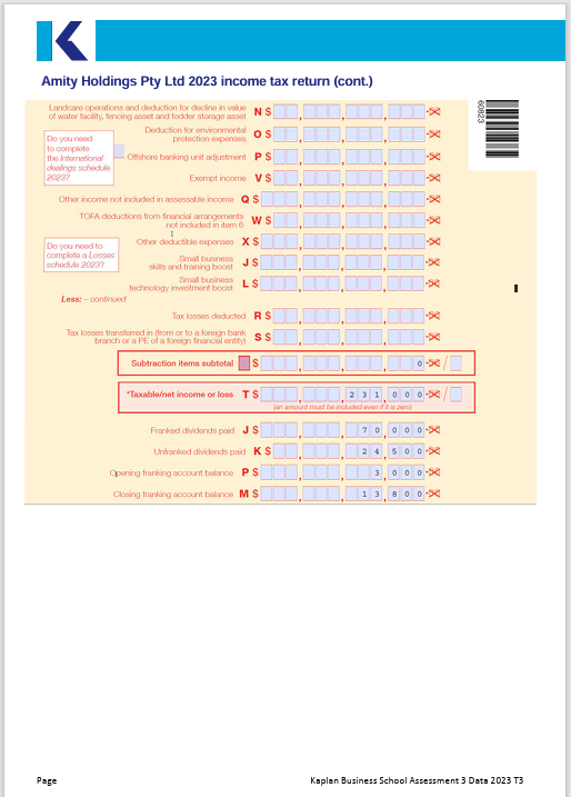 a) 2023 Income Tax Return b) Additional notes accompanying the income tax