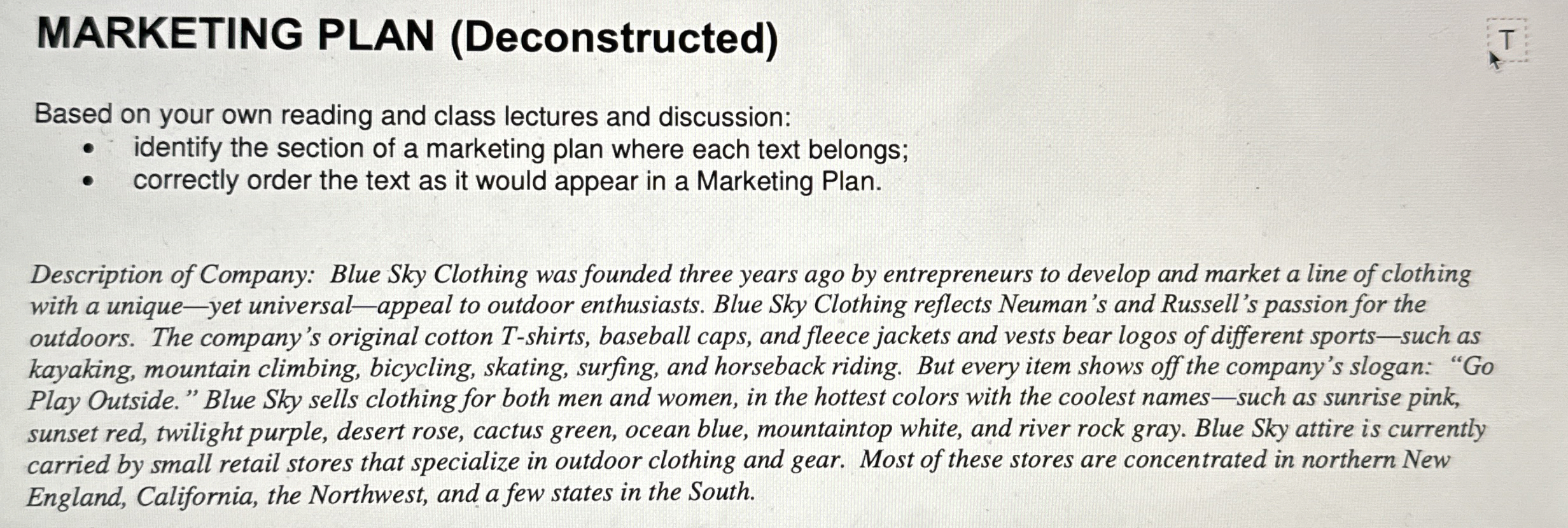  MARKETING PLAN (Deconstructed) Based on your own reading and class lectures