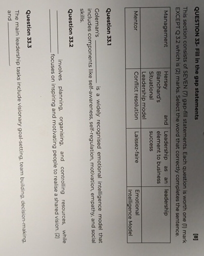  QUESTION 33- Fill in the gap statements [8] This section consists