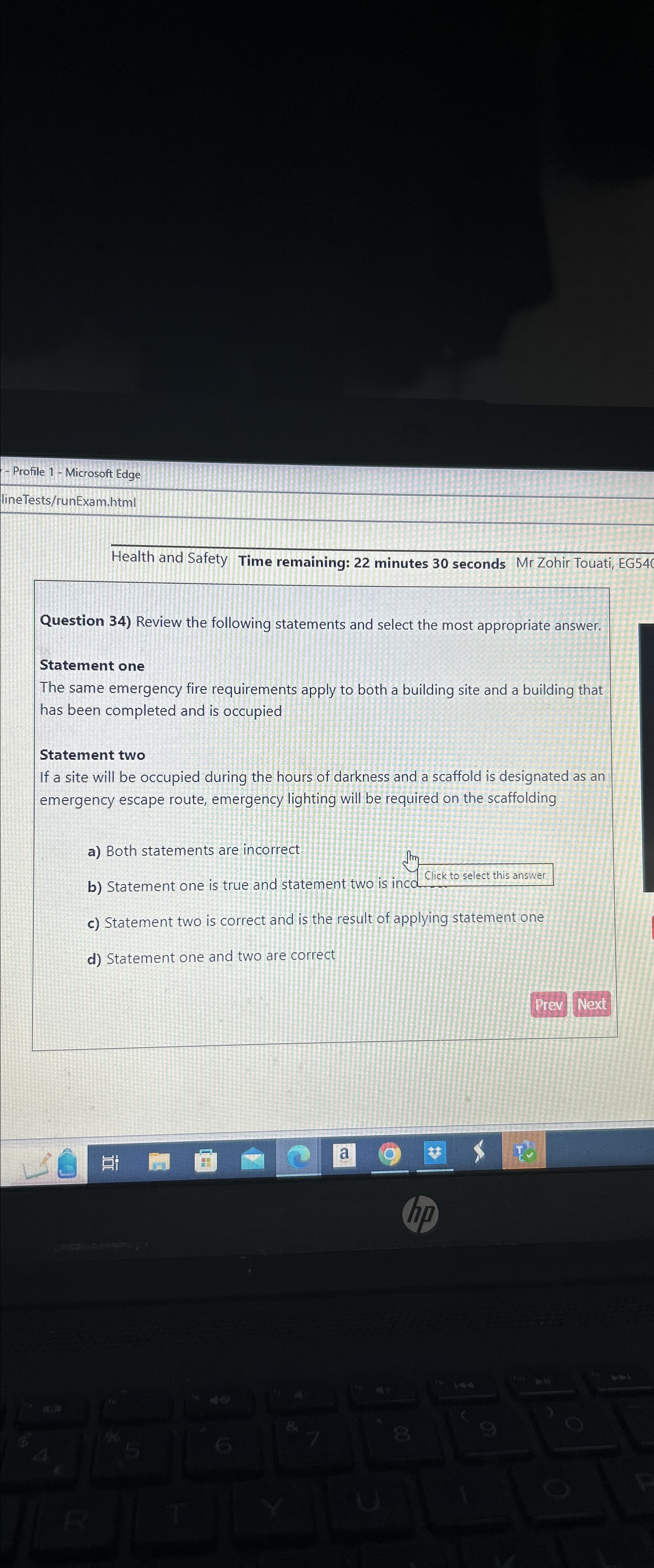  Profile 1- Microsoft Edge lineTests/runExam.html Health and Safety Time remaining: 22