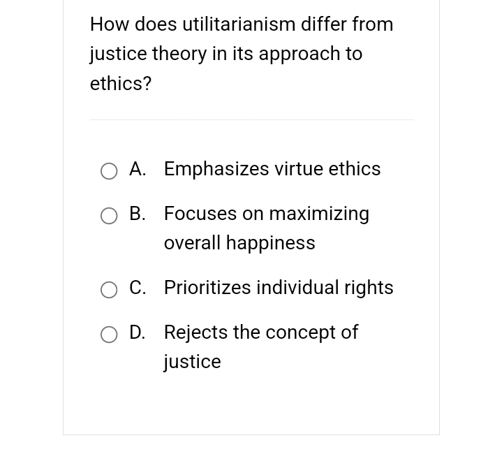  How does utilitarianism differ from justice theory in its approach to