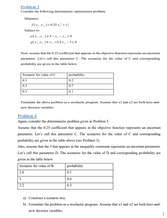  Problem 3 Consider the following deterministic optimization problem: Minimise q,f(x1,x2)=0.25x12+x22 Subject