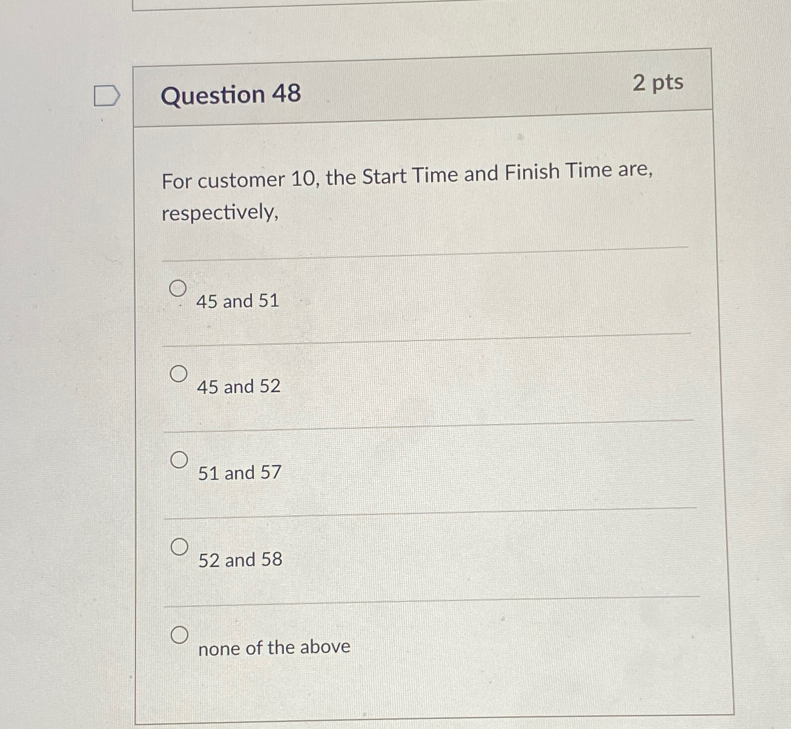  Question 48 2 pts For customer 10, the Start Time and