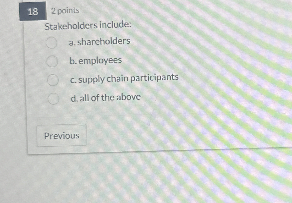  Stakeholders include: a. shareholders b. employees c. supply chain participants d.