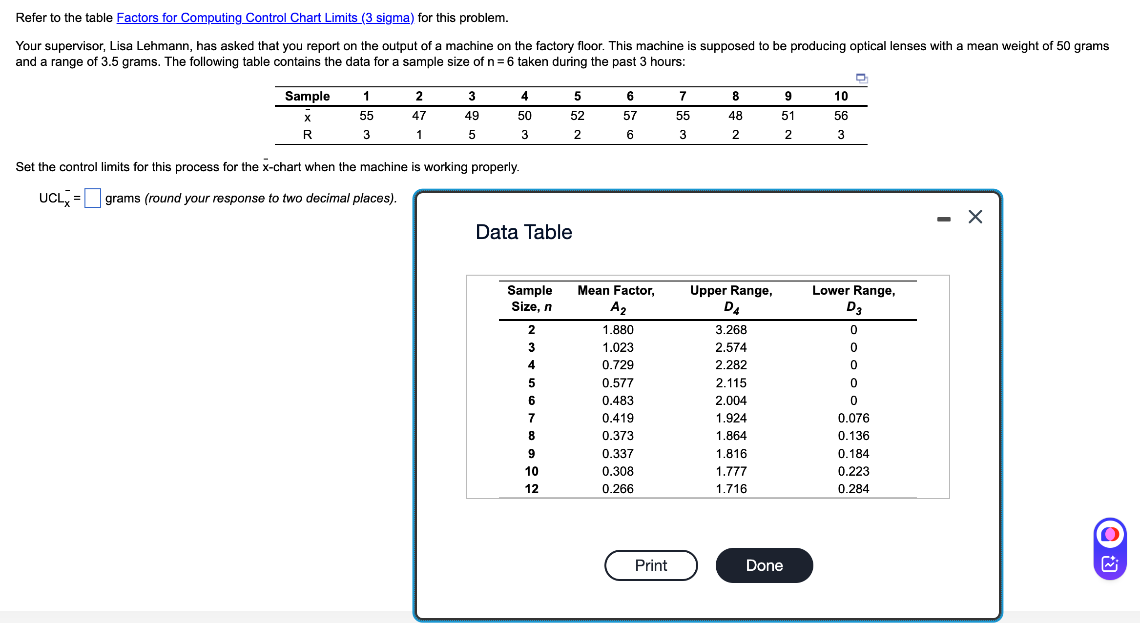  Refer to the table Factors for Computing Control Chart Limits (3