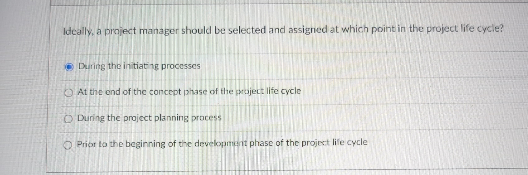  Ideally, a project manager should be selected and assigned at which