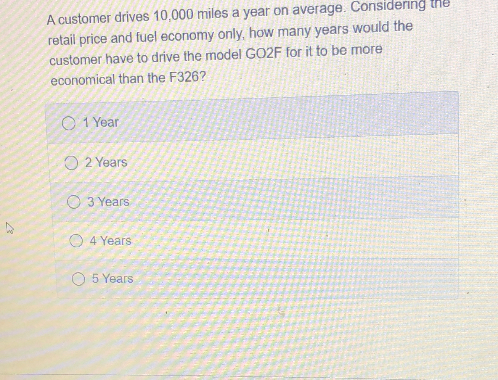  A customer drives 10,000 miles a year on average. Considering tne