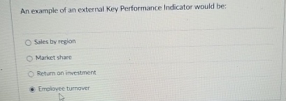  An example of an external Key Performance Indicator would be: Sales