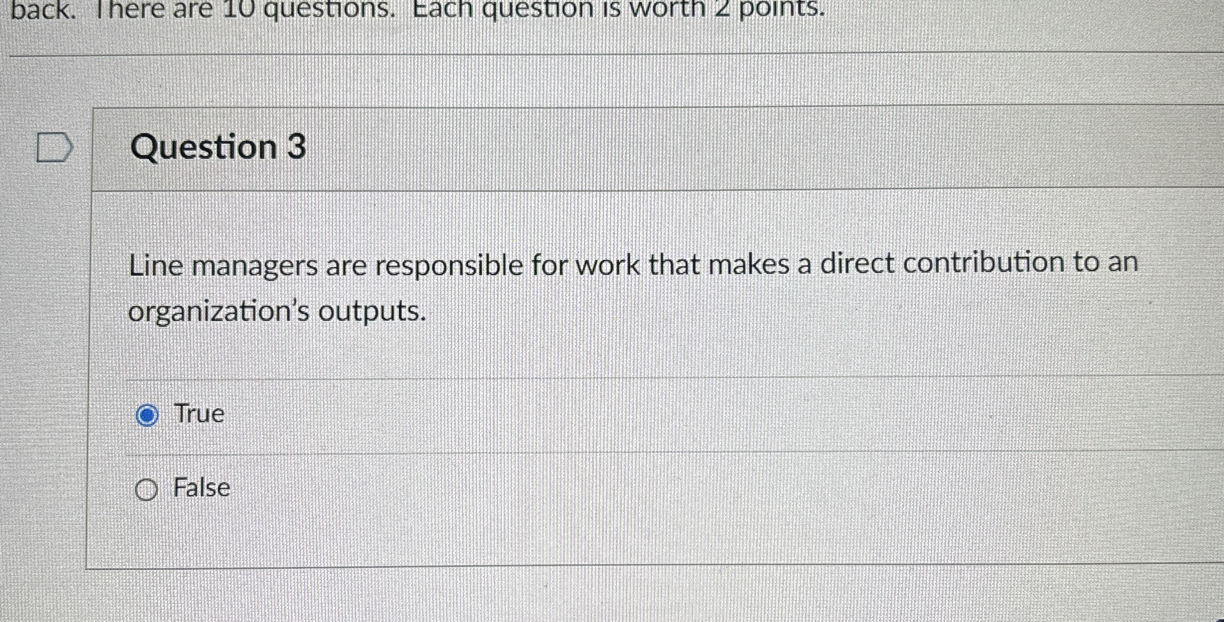  back. There are 10 questions. Each question is worth 2 points.