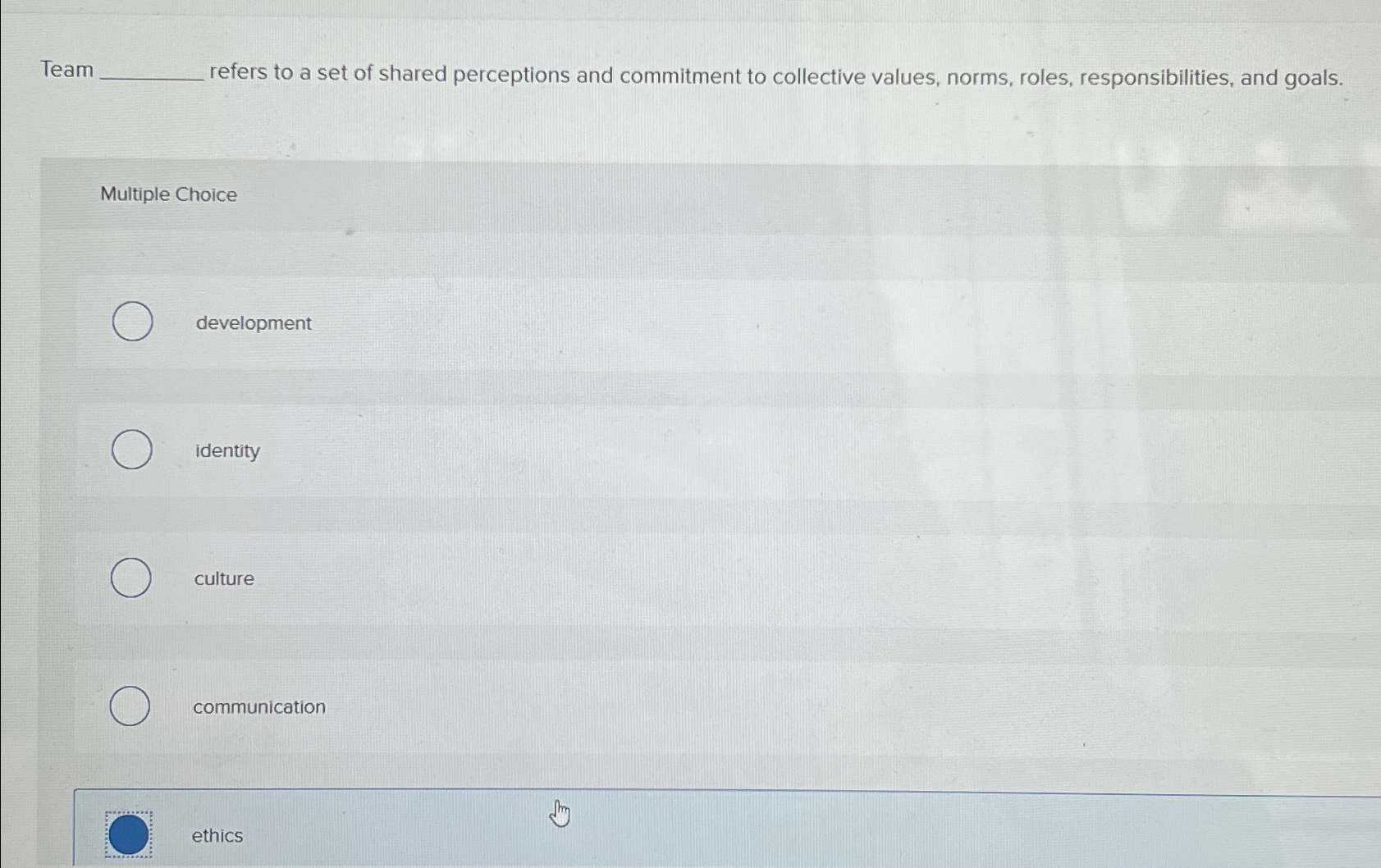  Team refers to a set of shared perceptions and commitment to