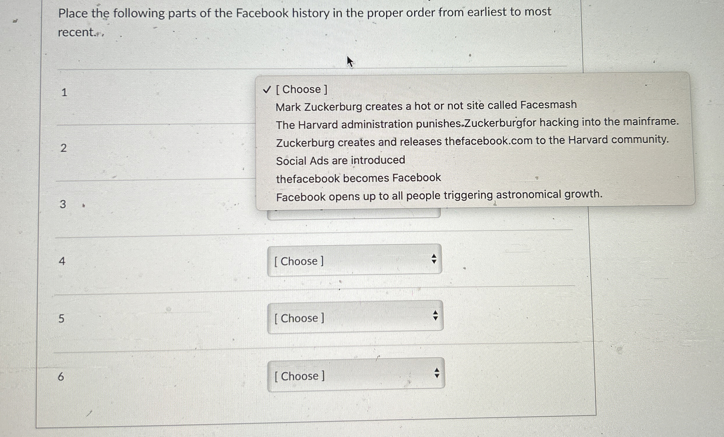  1 2 3 4 5 6 [Choose] Mark Zuckerburg creates a