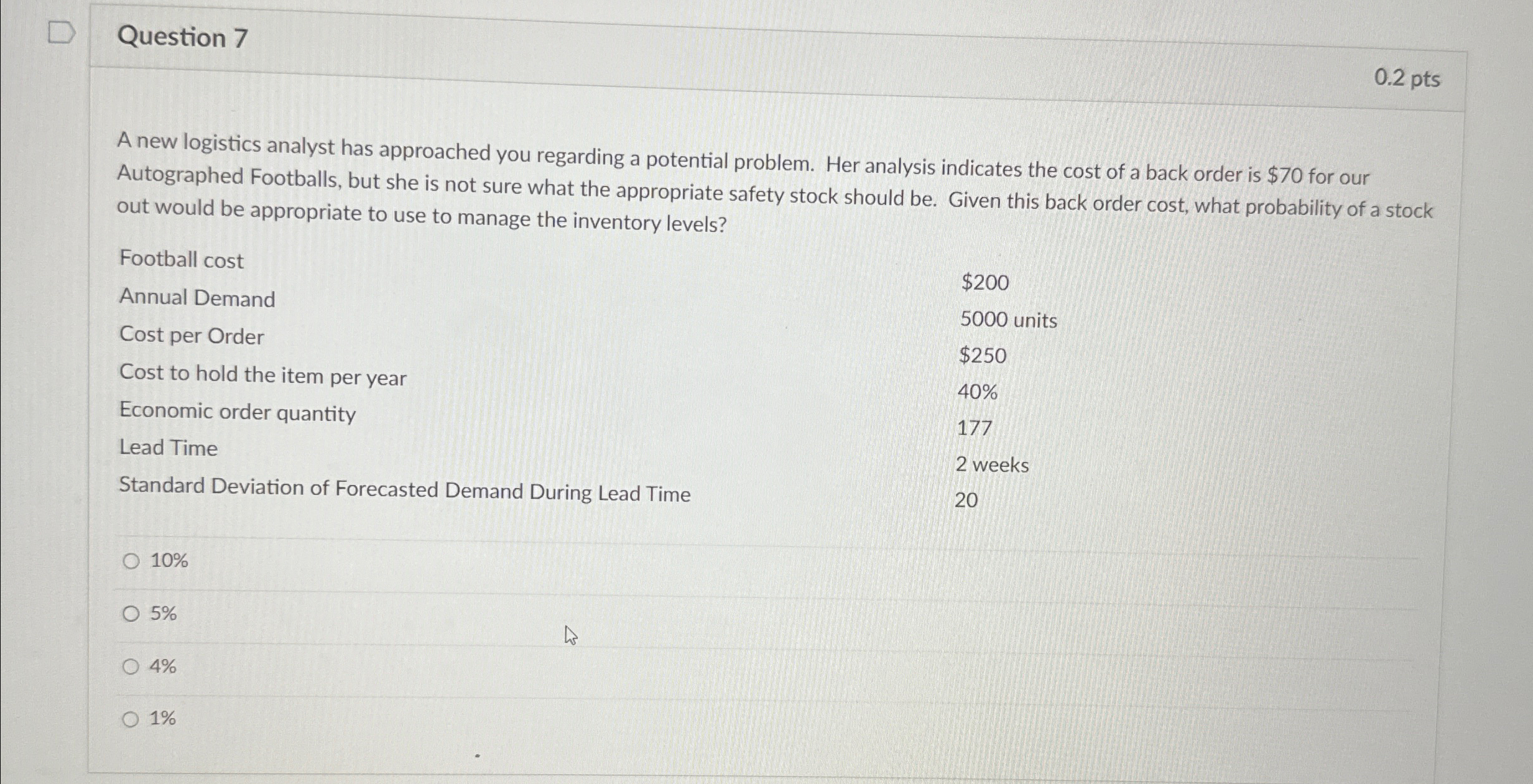  Question 7 0.2pts A new logistics analyst has approached you regarding