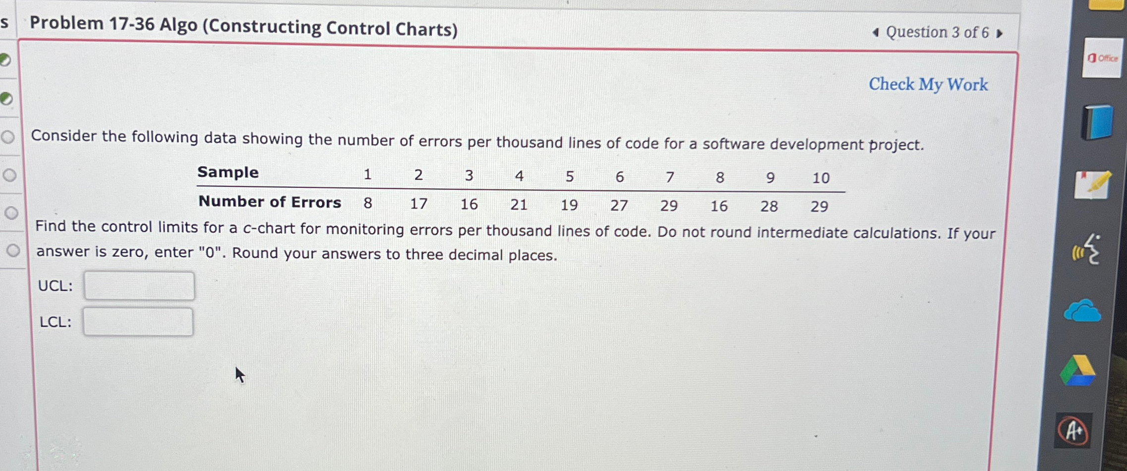  Problem 17-36 Algo (Constructing Control Charts) Question 3 of 6 Check