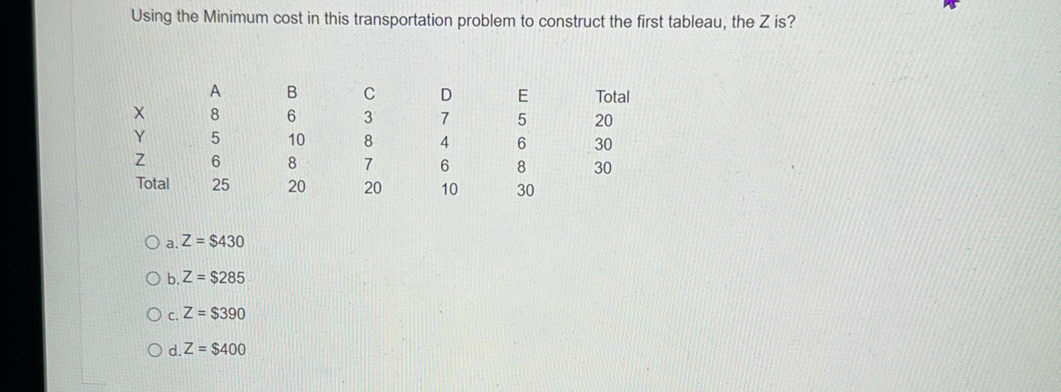  Using the Minimum cost in this transportation problem to construct the