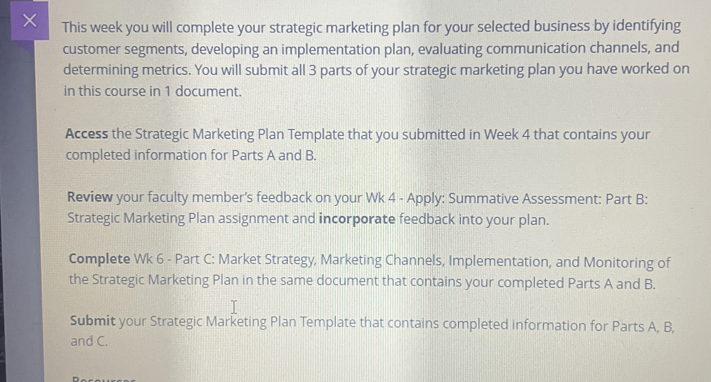  This week you will complete your strategic marketing plan for your