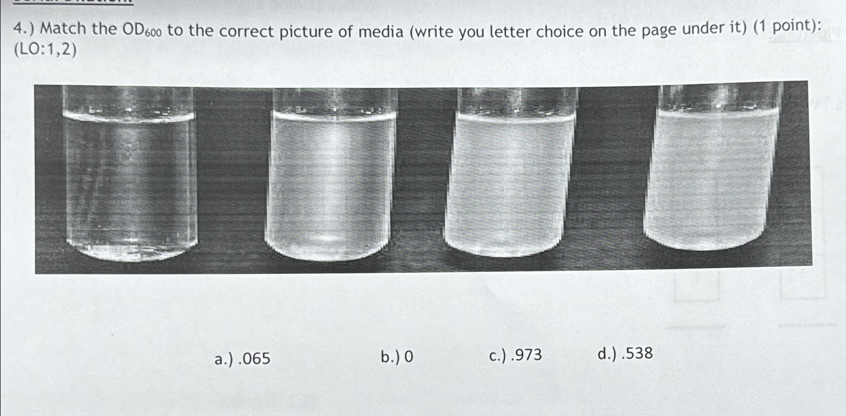  4.) Match the OD600 to the correct picture of media (write